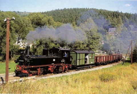 Am 4. September 2004 hatten bei der Preßnitztalbahn wieder einmal die Güterzüge Vorrang. Fotografin Veronika Michael lichtete diese Zuggarnitur mit 99 590, dem zweiachsigen Packwagen 97-30-06 sowie mehreren 00 an bekannter Fotostelle hinter Schmalzgrube ab.