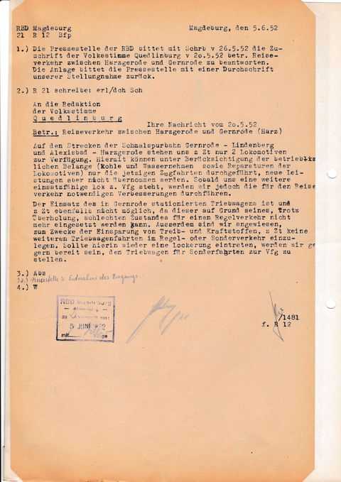 Schreiben der Fahrplanabteilung der Rbd Magdeburg vom 5. Juni 1952 (Sammlung Jörg Bauer).