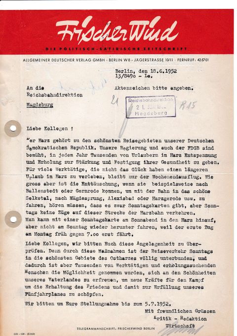 Ausschnitt Schreiben der Redaktion „Frischer Wind“ vom 18. Juni 1952 an die Rbd Magdeburg – siehe Text auf voriger Doppelseite. (Slg. Jörg Bauer)