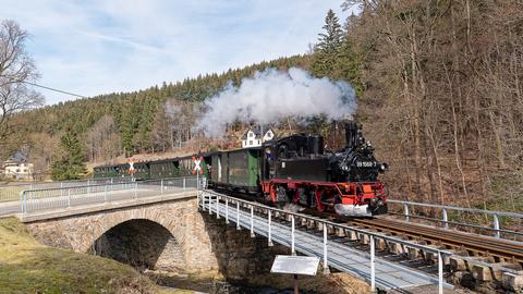 Am 18. März fotografierte Jürgen Herold den von IV K 99 1568-7 geführten P 14113 auf der Preßnitzbrücke in der Einfahrt des Bahnhofes Schmalzgrube.