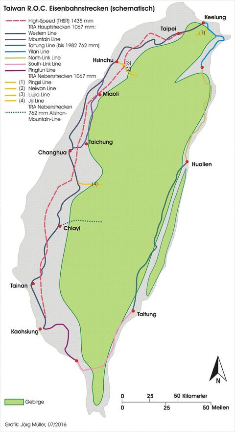 Karte Taiwan R.O.C. Eisenbahnstrecken (schematisch)
