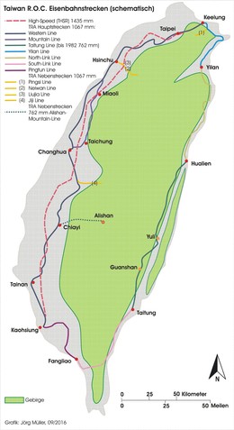 Karte Taiwan R.O.C. Eisenbahnstrecken (schematisch)