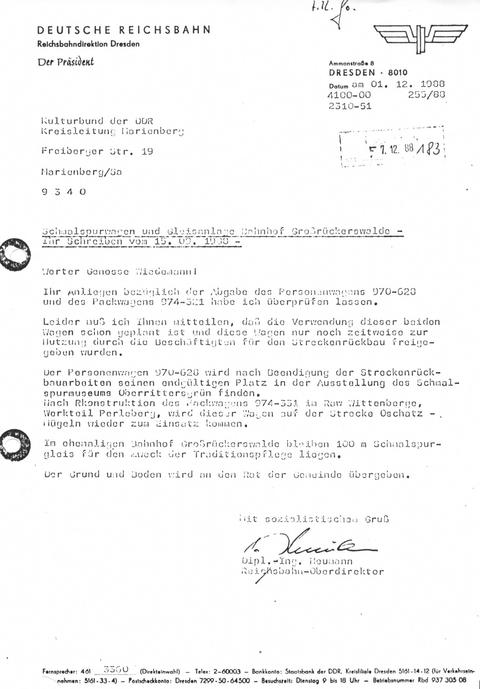 Faksimile des Schreibens der Rbd Dresden vom 1.12.1988