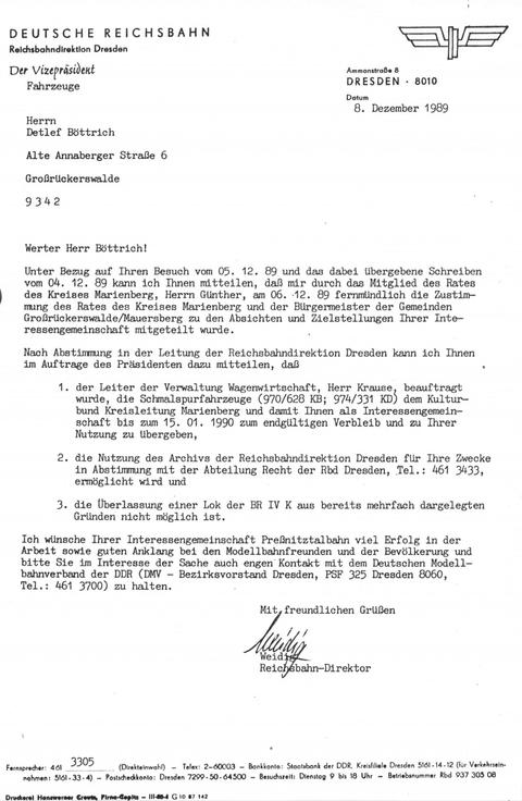 Faksimile des Briefes der Rbd Dresden vom 8. Dezember 1989.