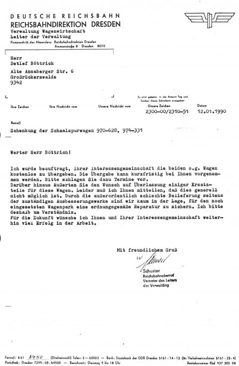 Faksimile des Briefes der Rbd Dresden vom 12. Januar 1990.