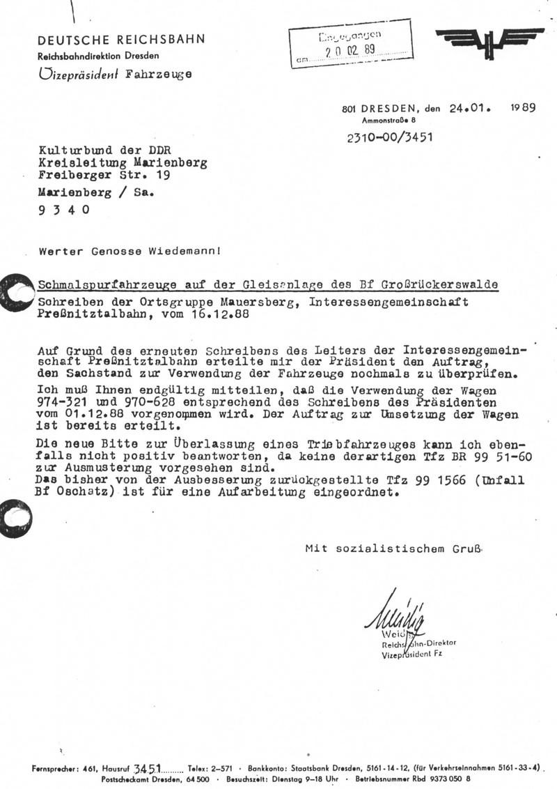 Faksimile des Schreibens der Rbd Dresden vom 24. Januar 1989