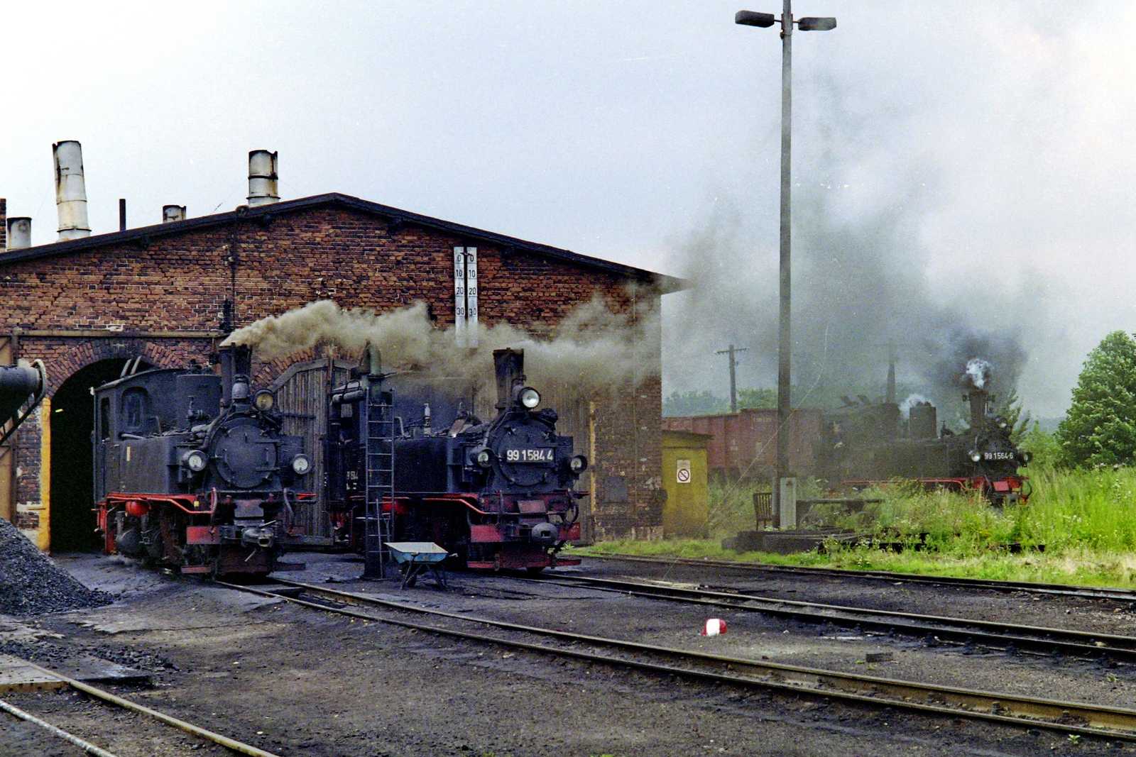 Auf der Suche nach Dampfloks ging der Blick der IG Preßnitztalbahn e. V. ab 1990 eindeutig nach Mügeln, zehn Loks der sächsischen Gattung IV K standen hier Ende 1990 im Bestand. Die Aufnahme vom Juli 1990 zeigt unter anderem 99 1564-6 und 99 1584-4.