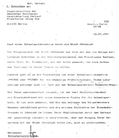 Faksimile des Schreibens der Sächsischen Staatskanzlei vom 10. Juli 1991 an die Hauptverwaltung der DR. Dass darin eine Schmalspurbahn „Chemnitz – Mügeln“ angeführt wird, darf dem Team von Ministerialdirigent Heinemann nachgesehen werden.