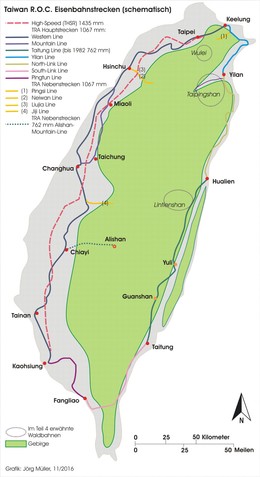 Taiwan R.O.C. Eisenbahnstrecken (schematisch).
