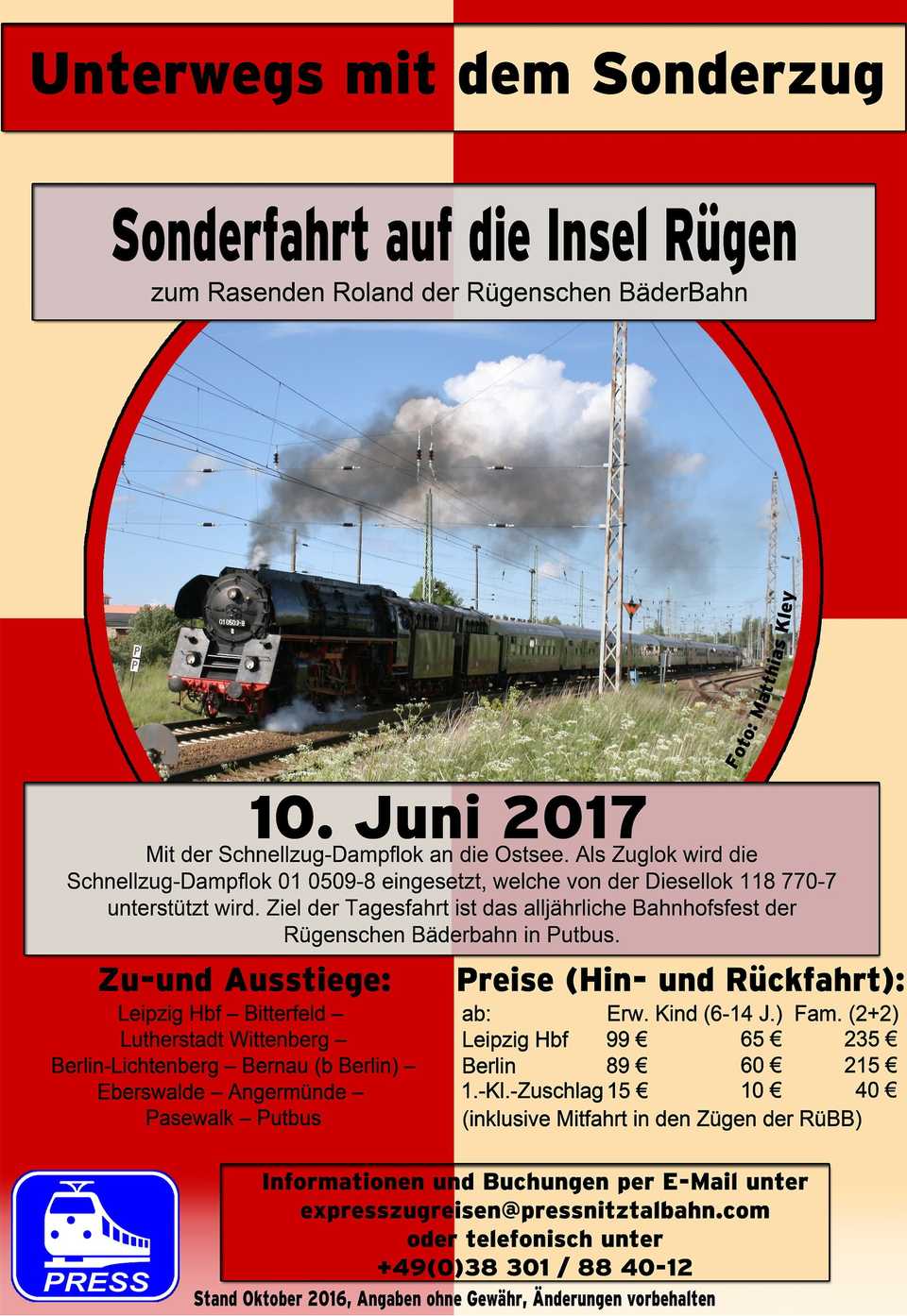Veranstaltungsankündigung: Sonderfahrt auf die Insel Rügen, 10. Juni 2017
