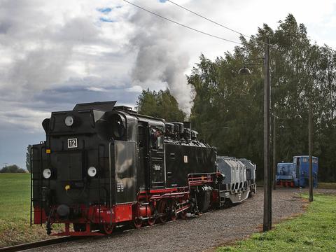 Ein Star der 25-Jahr-Feier des Vereins Mansfelder Bergwerksbahn e. V. war die Zittauer 99 1787-3, die als Lok 12 „Patriot“ zum Einsatz kam, hier am 2. Oktober mit einem Fotogüterzug.