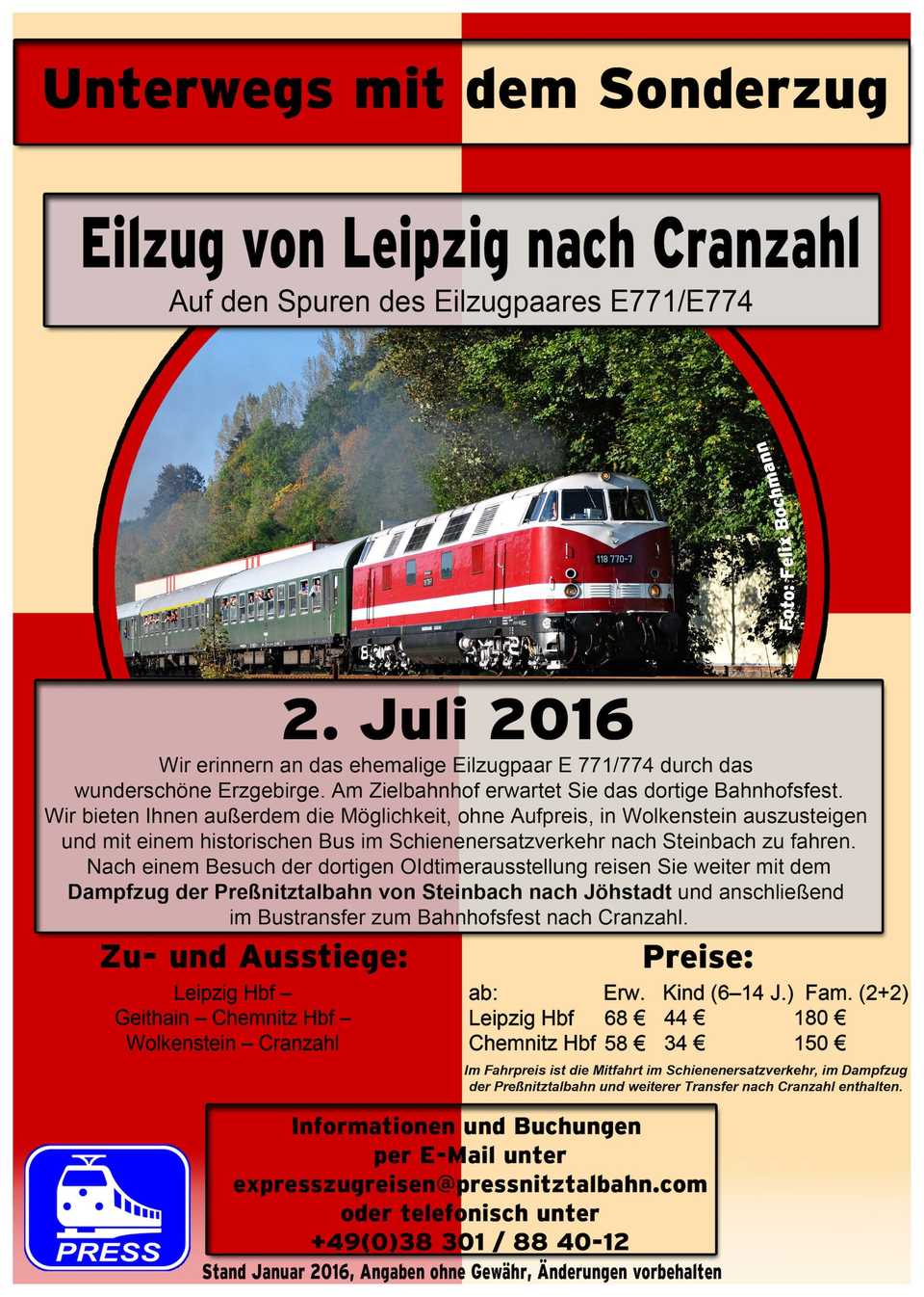 Veranstaltungsankündigung Eilzug von Leipzig nach Cranzahl am 2. Juli 2016.