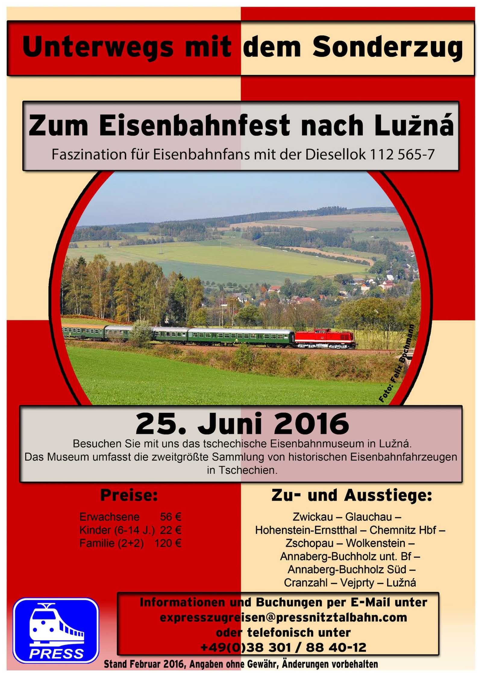 Veranstaltungsankündigung „Zum Eisenbahnfest nach Luzná“ 25.6.2016